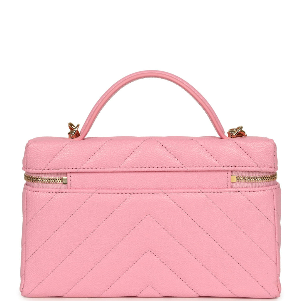 Chanel Sleek Chevron Top Handle Long Vanity Case with Chain Pink Shiny Caviar Gold Hardware