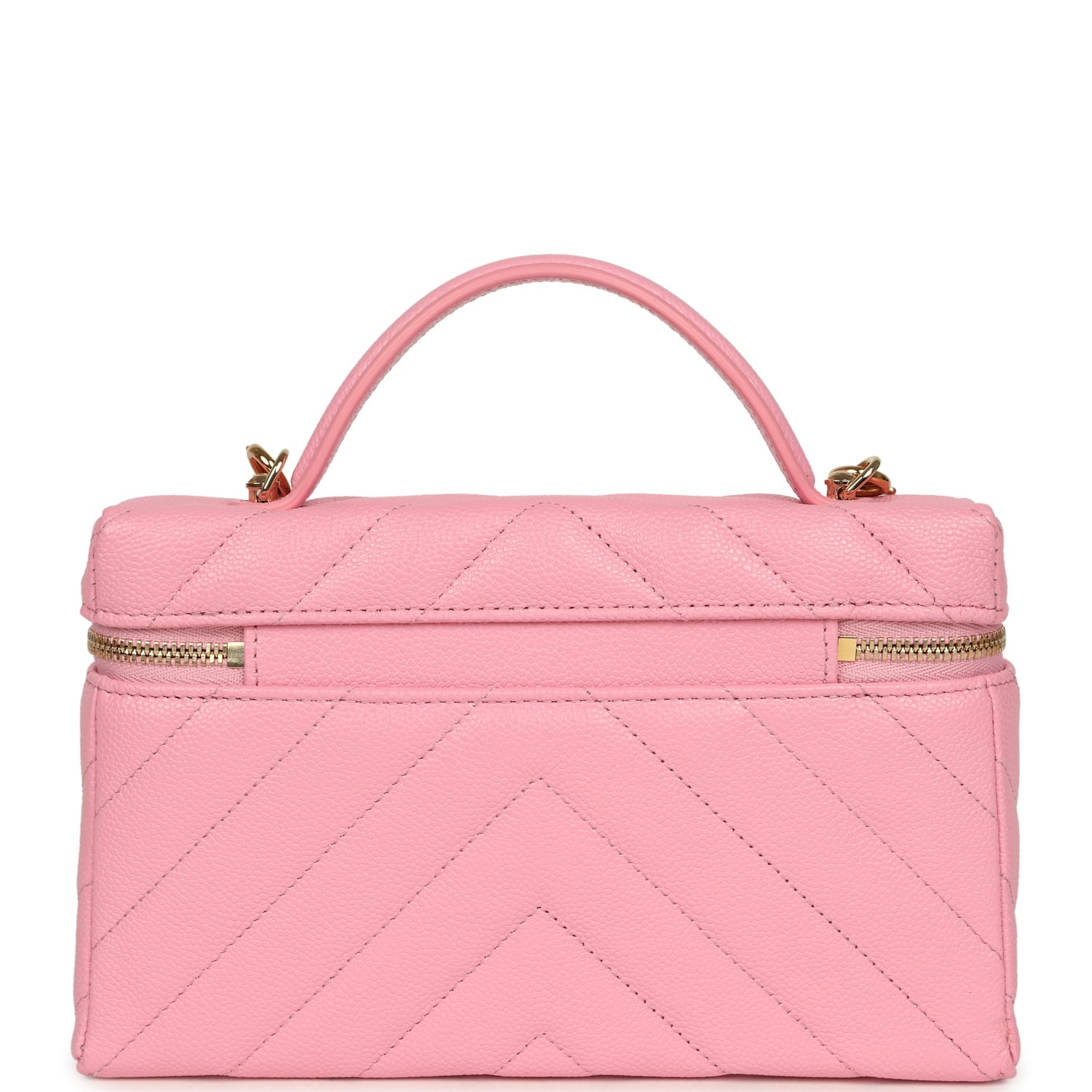 Chanel Sleek Chevron Top Handle Long Vanity Case with Chain Pink Shiny Caviar Gold Hardware