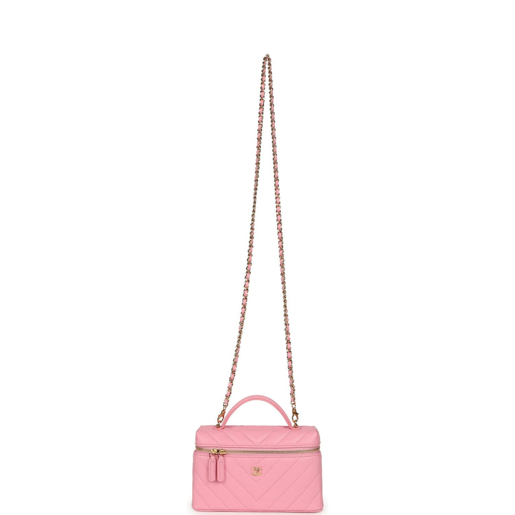 Chanel Sleek Chevron Top Handle Long Vanity Case with Chain Pink Shiny Caviar Gold Hardware