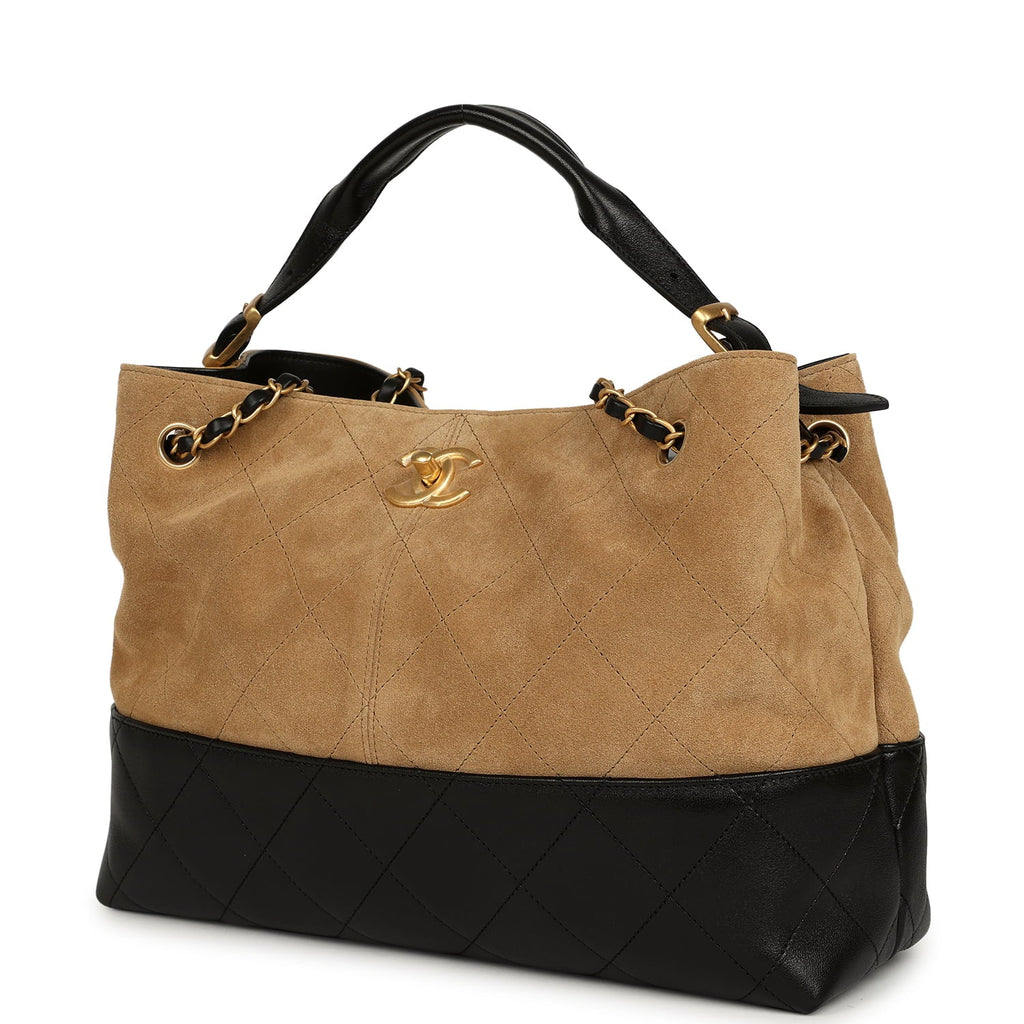 Chanel Small Coco Base Hobo Bag Brown Suede and Black Shiny Lambskin Brushed Gold Hardware