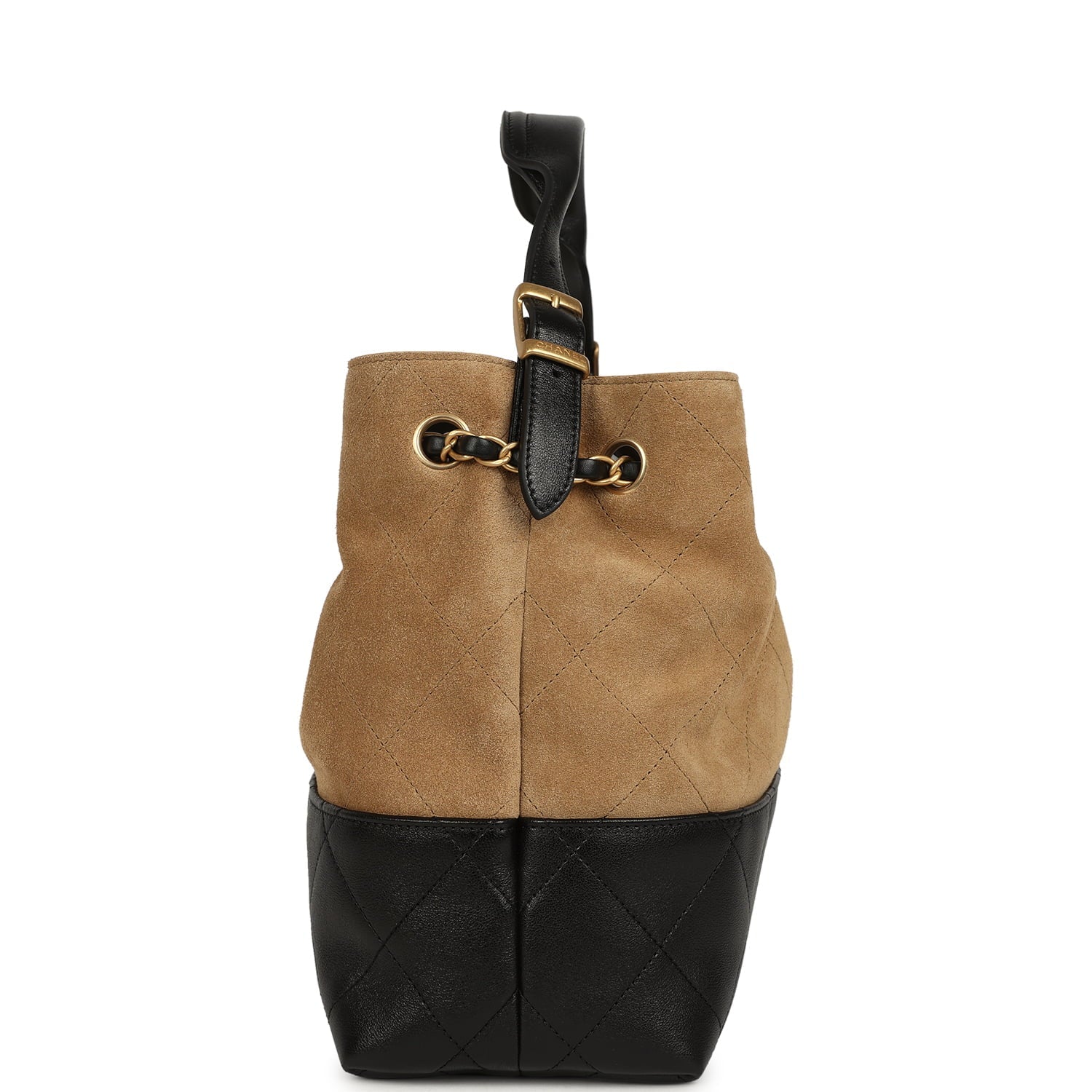 Chanel Small Coco Base Hobo Bag Brown Suede and Black Shiny Lambskin Brushed Gold Hardware