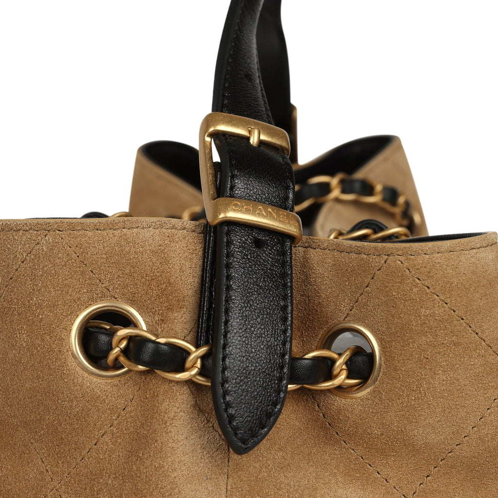 Chanel Small Coco Base Hobo Bag Brown Suede and Black Shiny Lambskin Brushed Gold Hardware