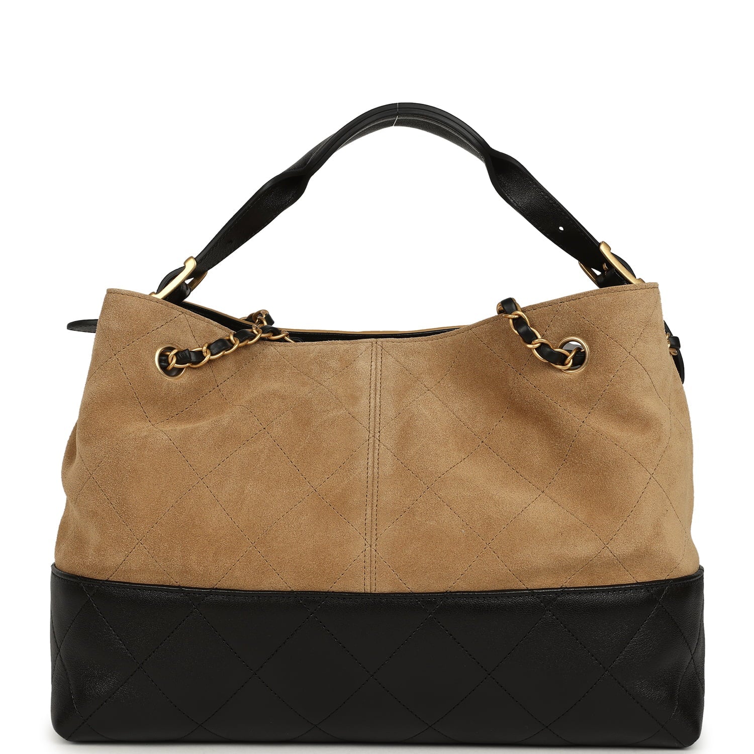 Chanel Small Coco Base Hobo Bag Brown Suede and Black Shiny Lambskin Brushed Gold Hardware