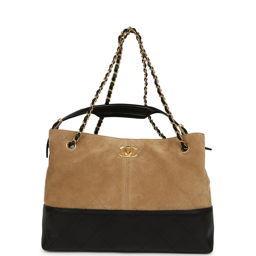 Chanel Small Coco Base Hobo Bag Brown Suede and Black Shiny Lambskin Brushed Gold Hardware