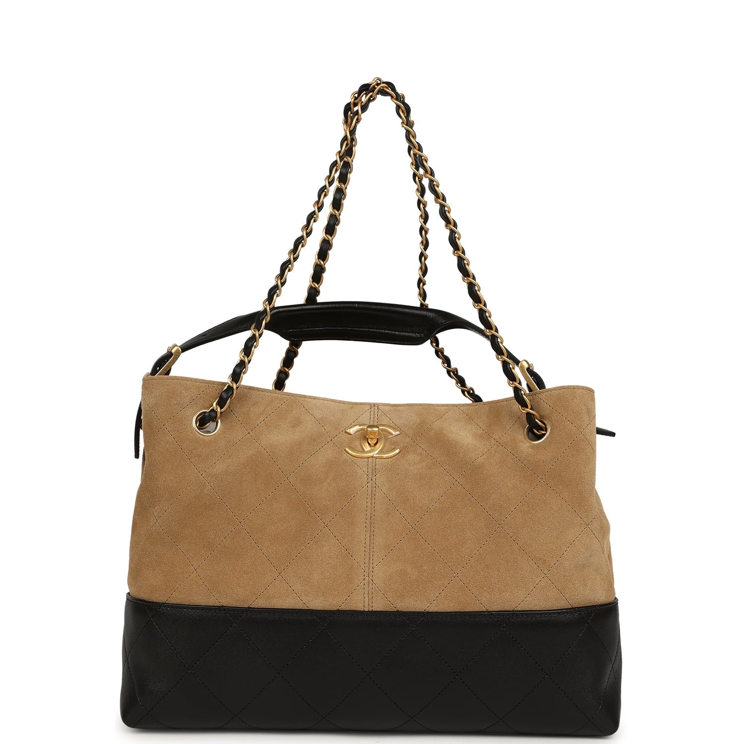 Chanel Small Coco Base Hobo Bag Brown Suede and Black Shiny Lambskin Brushed Gold Hardware