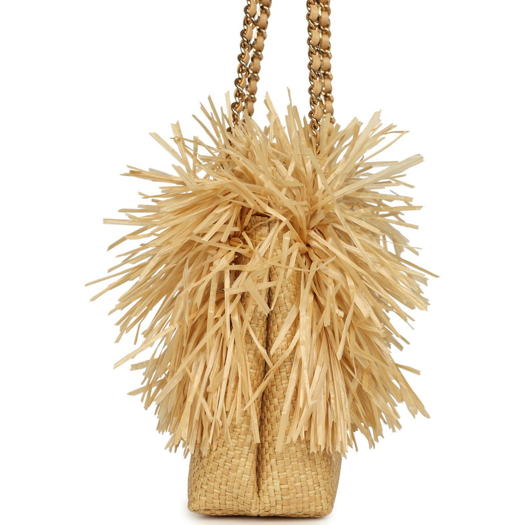 Chanel Small CC Shopping Bag Beige Braided Raffia Gold Hardware