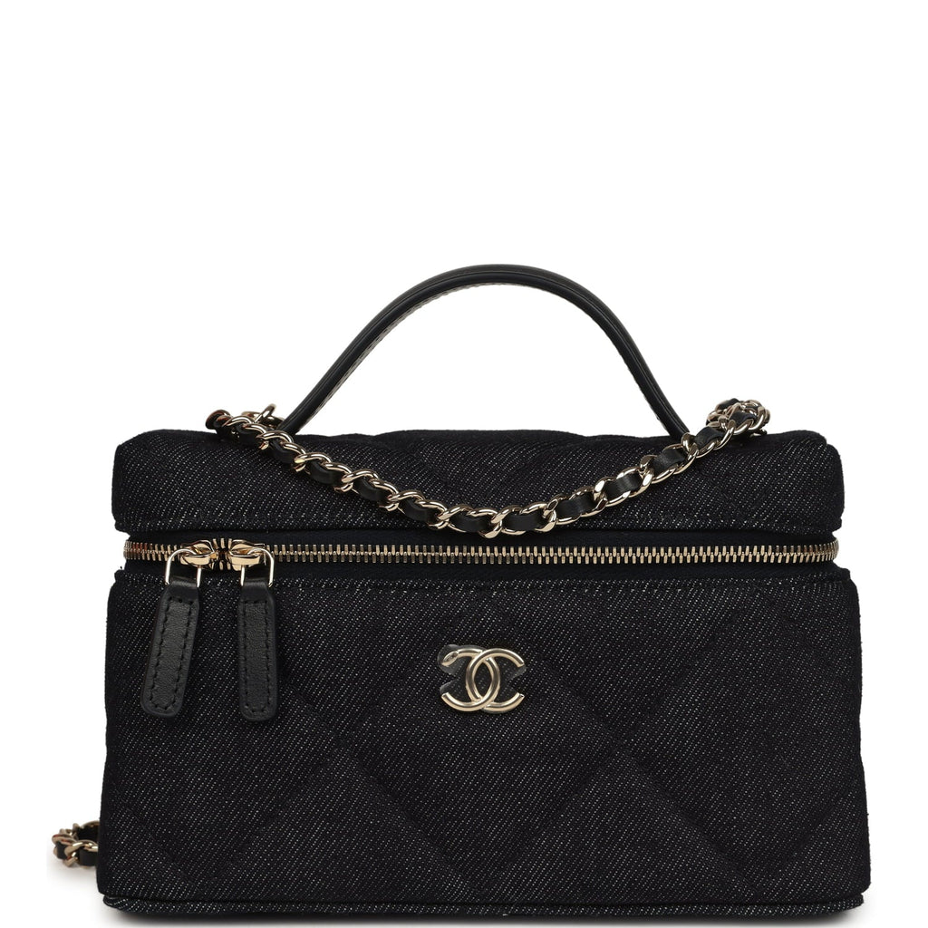Chanel Top Handle Long Vanity Case with Chain Dark Blue Denim Light Gold Hardware