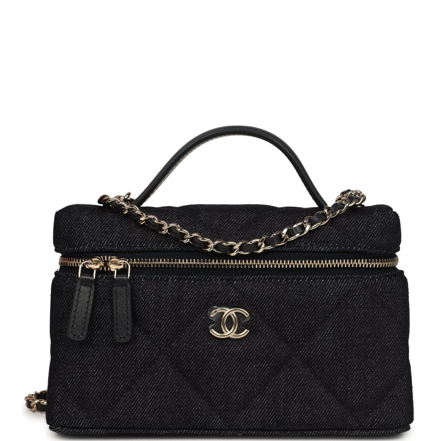 Chanel Top Handle Long Vanity Case with Chain Dark Blue Denim Light Gold Hardware