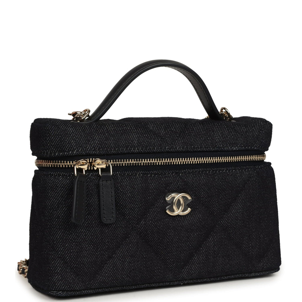 Chanel Top Handle Long Vanity Case with Chain Dark Blue Denim Light Gold Hardware
