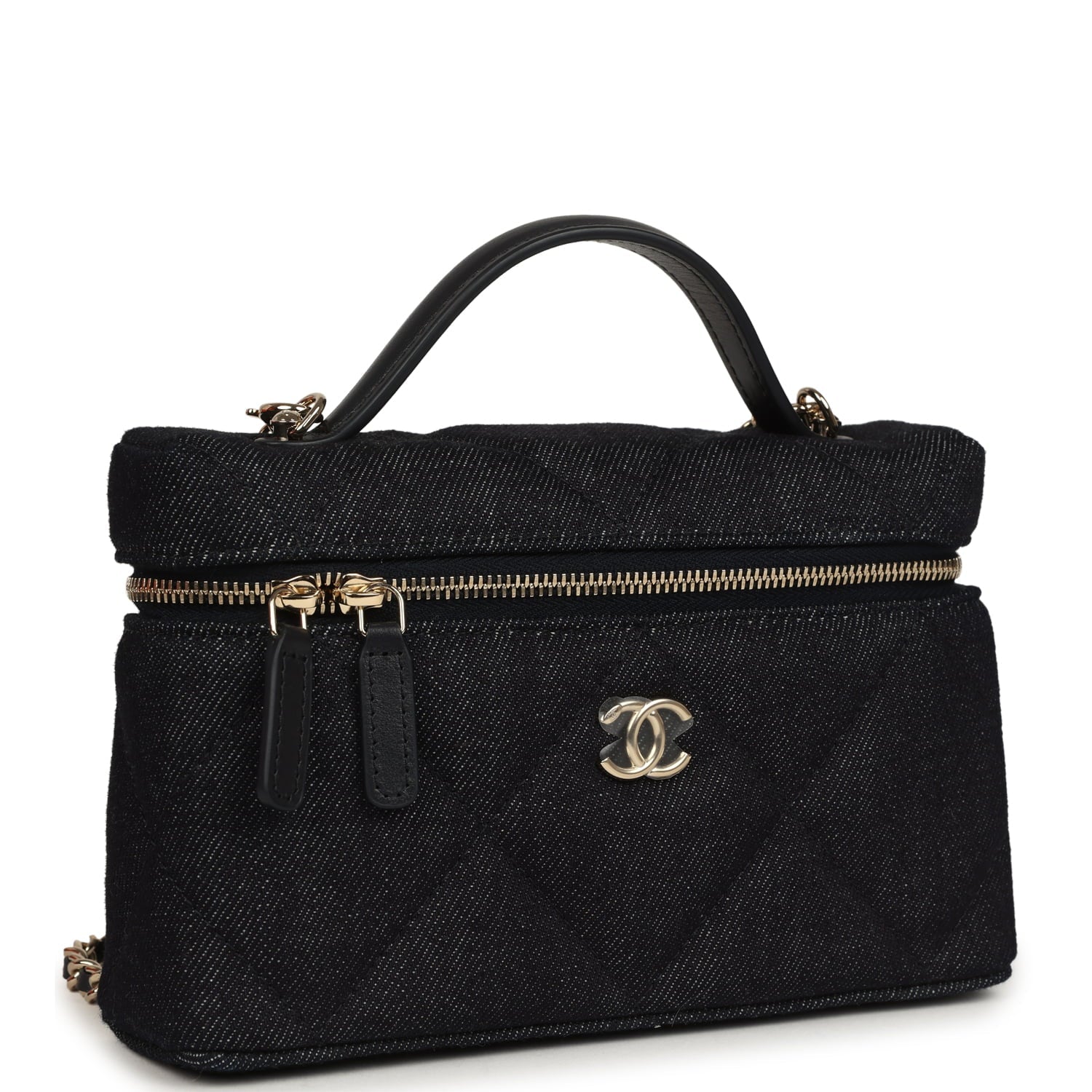 Chanel Top Handle Long Vanity Case with Chain Dark Blue Denim Light Gold Hardware