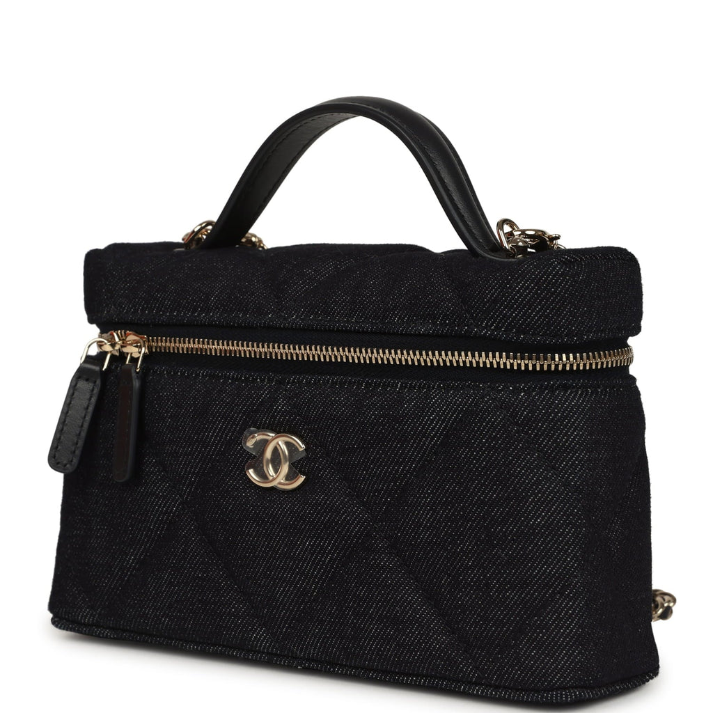 Chanel Top Handle Long Vanity Case with Chain Dark Blue Denim Light Gold Hardware