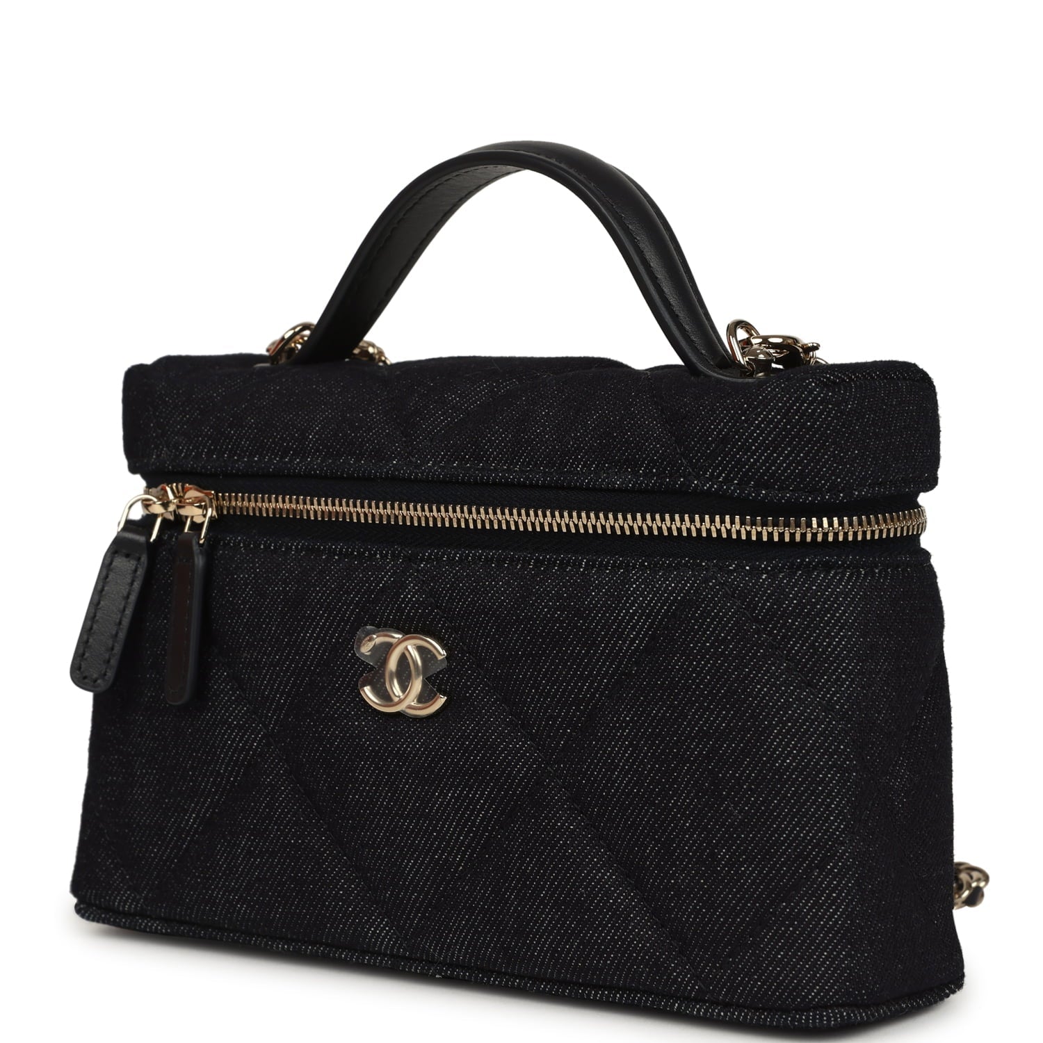 Chanel Top Handle Long Vanity Case with Chain Dark Blue Denim Light Gold Hardware