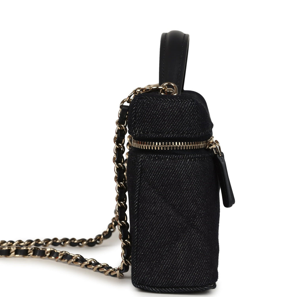 Chanel Top Handle Long Vanity Case with Chain Dark Blue Denim Light Gold Hardware