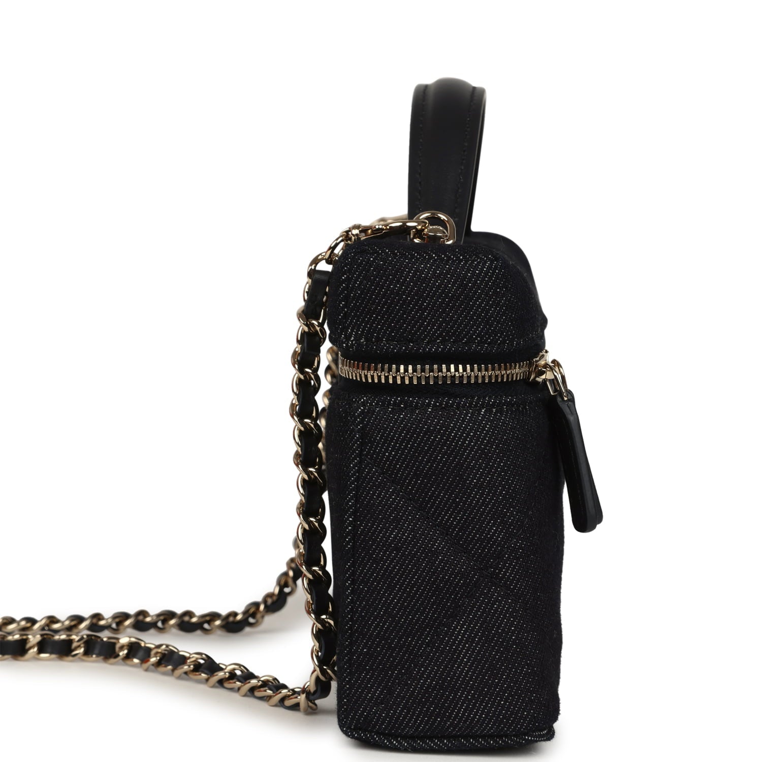 Chanel Top Handle Long Vanity Case with Chain Dark Blue Denim Light Gold Hardware