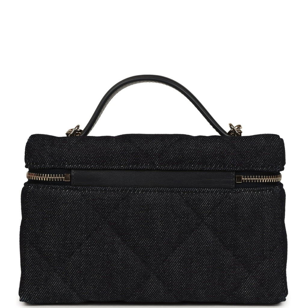 Chanel Top Handle Long Vanity Case with Chain Dark Blue Denim Light Gold Hardware