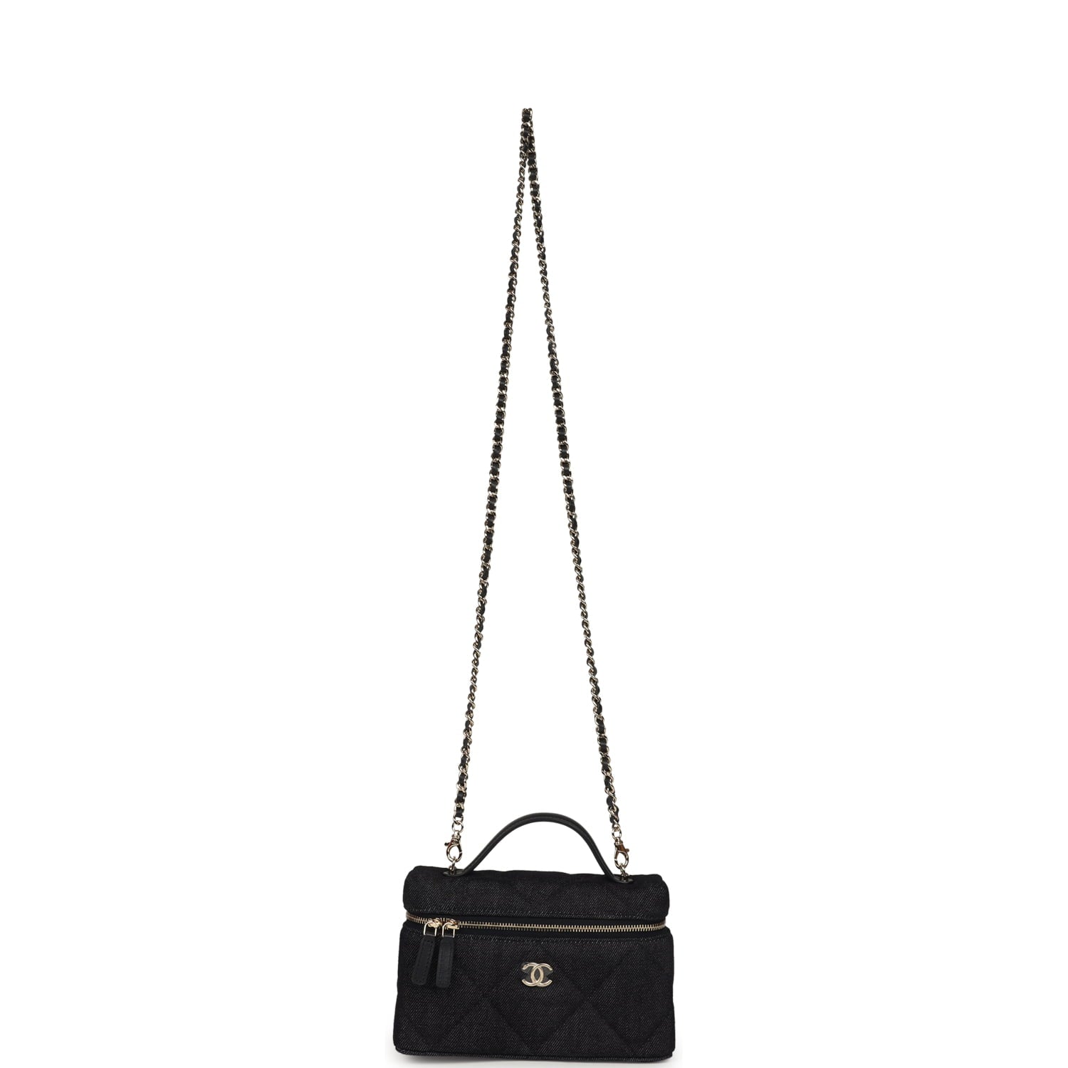 Chanel Top Handle Long Vanity Case with Chain Dark Blue Denim Light Gold Hardware