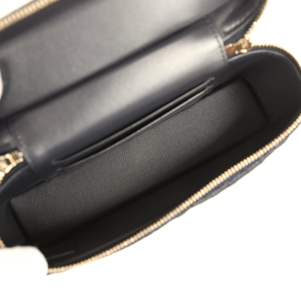 Chanel Top Handle Long Vanity Case with Chain Dark Blue Denim Light Gold Hardware