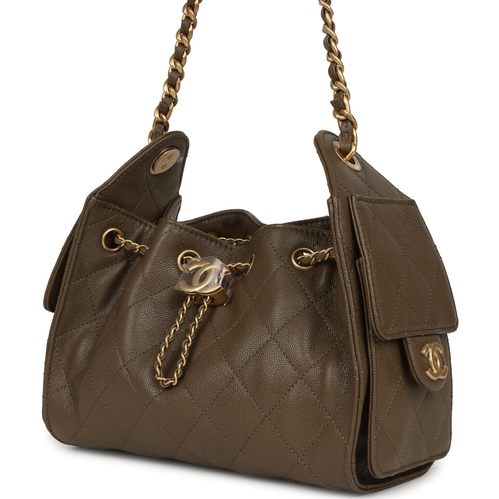 Chanel Mini 25 Hobo Bag Dark Khaki Caviar Antique Gold Hardware