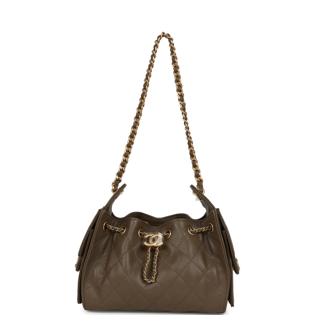 Chanel Mini 25 Hobo Bag Dark Khaki Caviar Antique Gold Hardware