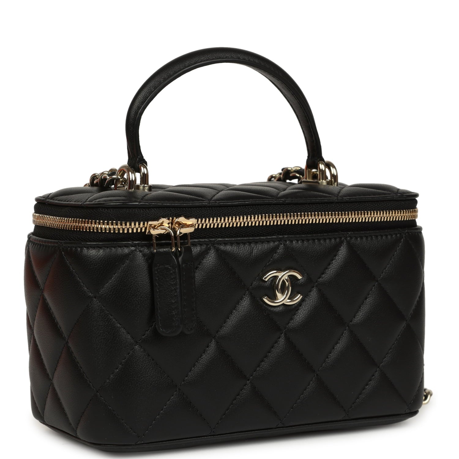 Chanel Small Top Handle Vanity Case Black Lambskin Light Gold Hardware