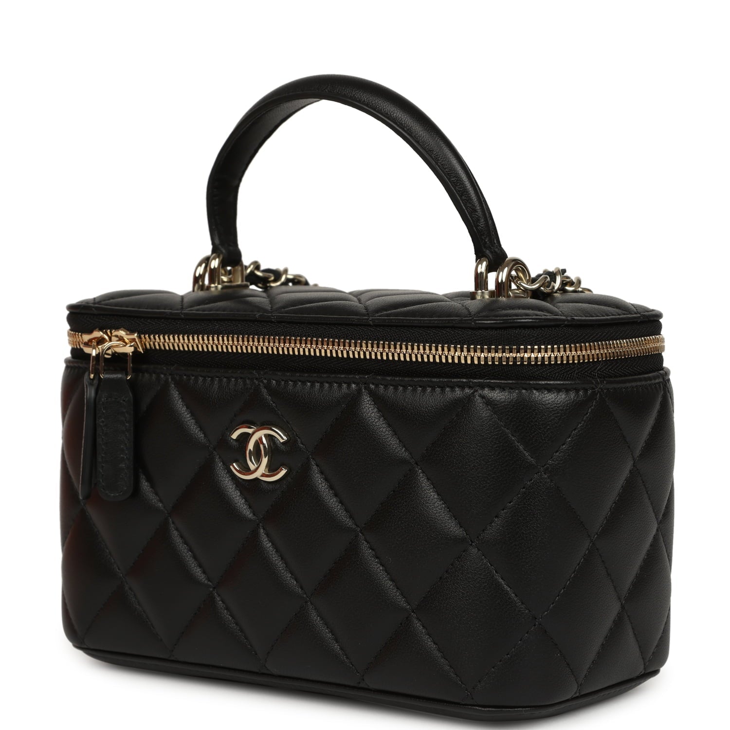 Chanel Small Top Handle Vanity Case Black Lambskin Light Gold Hardware