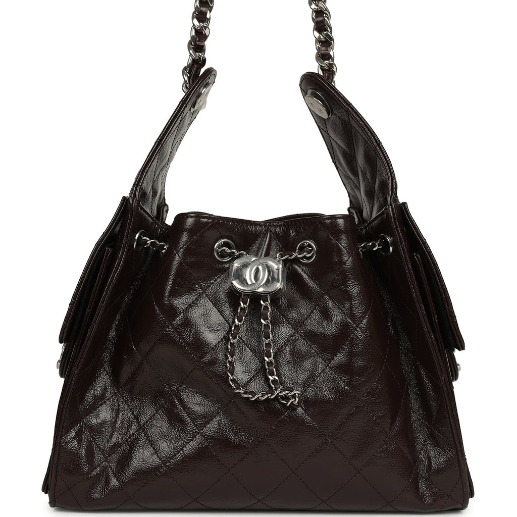 Chanel Small 25 Hobo Bag Dark Brown Shiny Aged Calfskin Silver Hardware