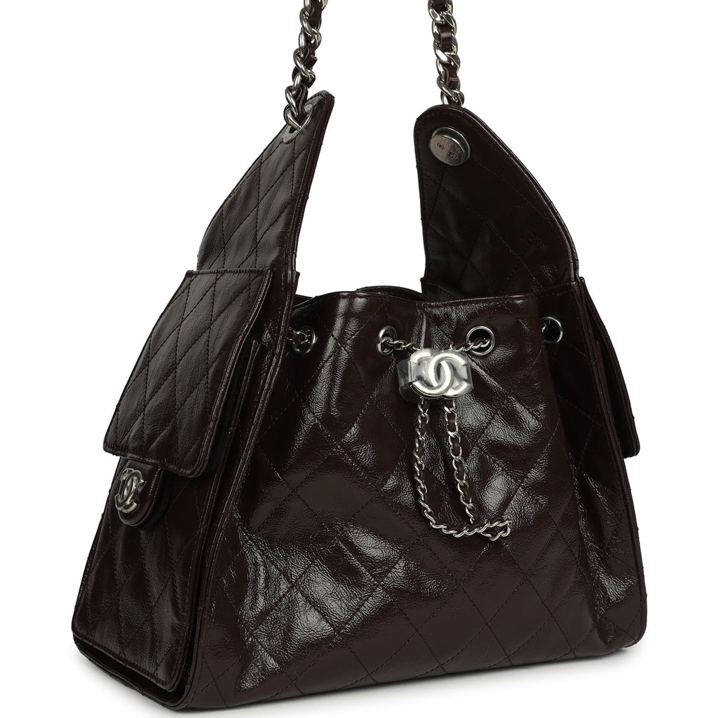 Chanel Small 25 Hobo Bag Dark Brown Shiny Aged Calfskin Silver Hardware