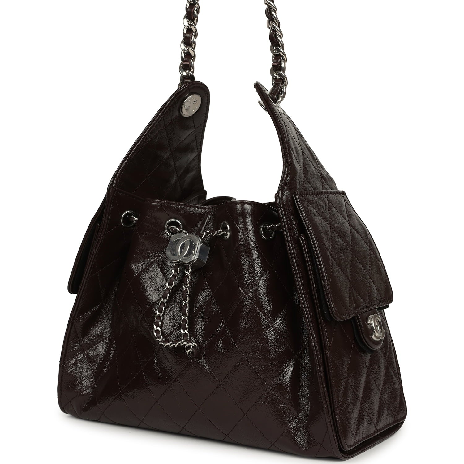 Chanel Small 25 Hobo Bag Dark Brown Shiny Aged Calfskin Silver Hardware