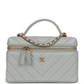 Chanel Chevron Top Handle Long Vanity Case with Chain Grey Shiny Caviar Gold Hardware