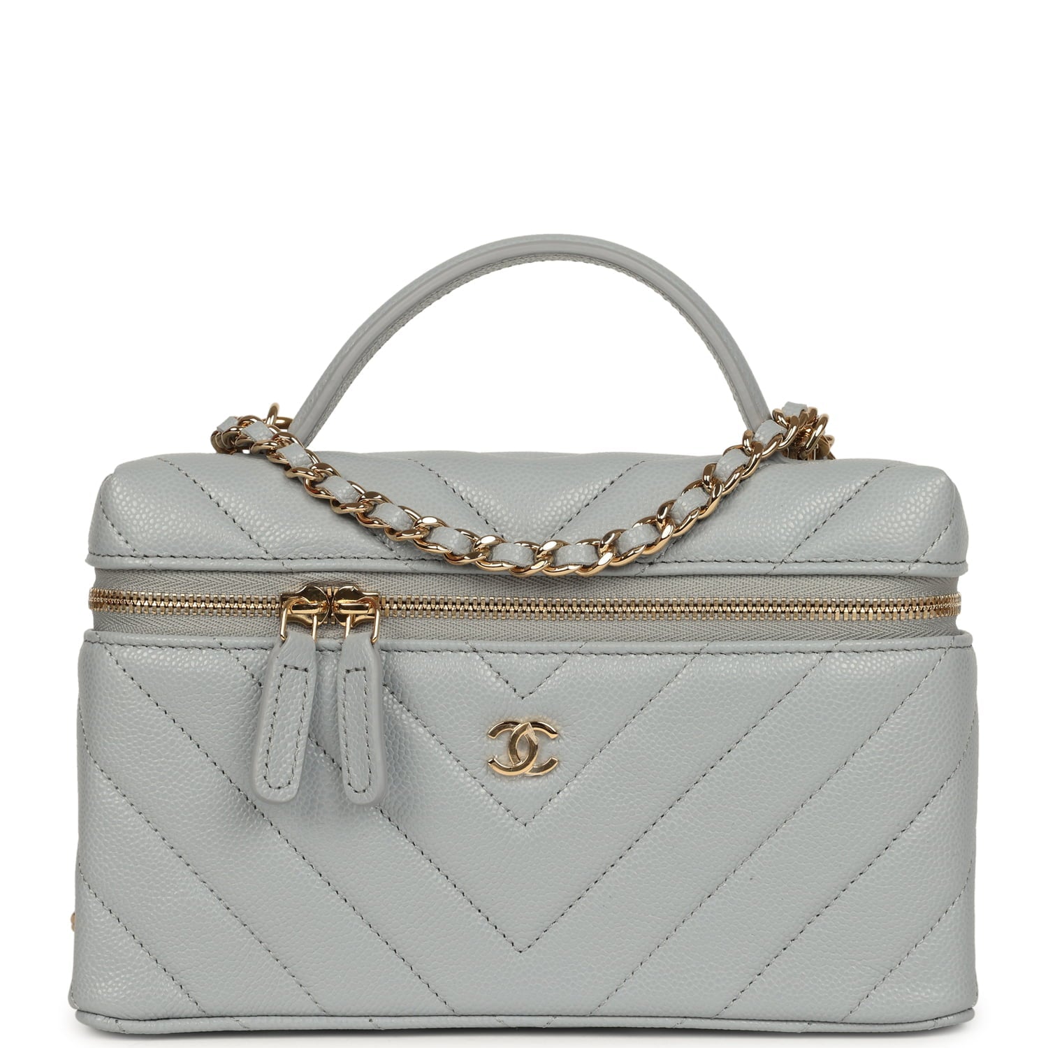 Chanel Chevron Top Handle Long Vanity Case with Chain Grey Shiny Caviar Gold Hardware
