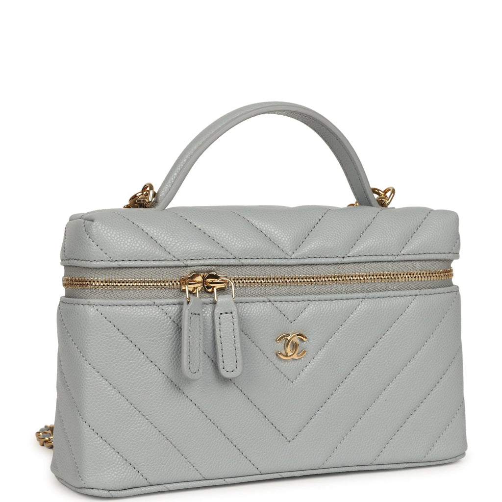 Chanel Chevron Top Handle Long Vanity Case with Chain Grey Shiny Caviar Gold Hardware