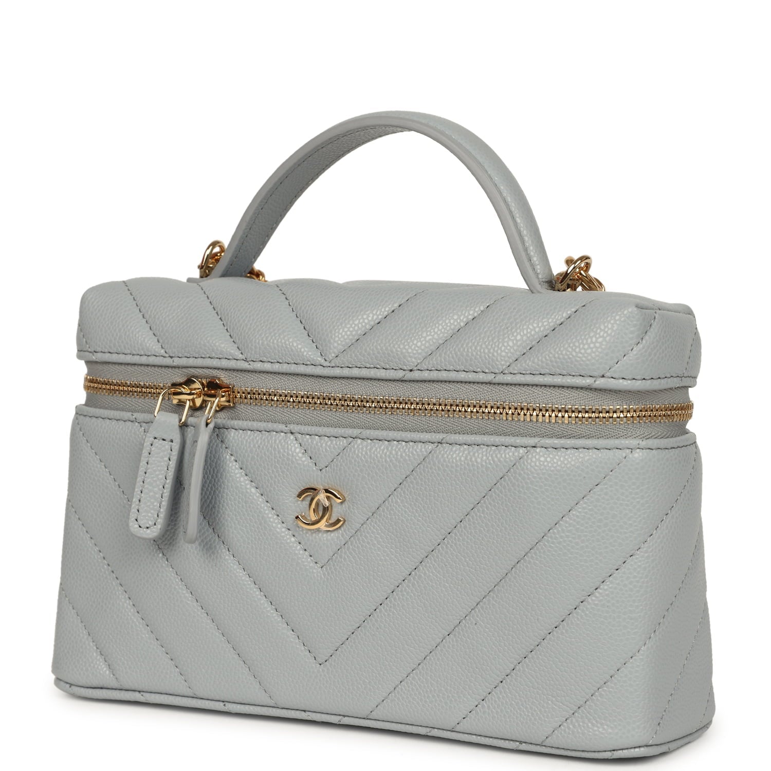 Chanel Chevron Top Handle Long Vanity Case with Chain Grey Shiny Caviar Gold Hardware