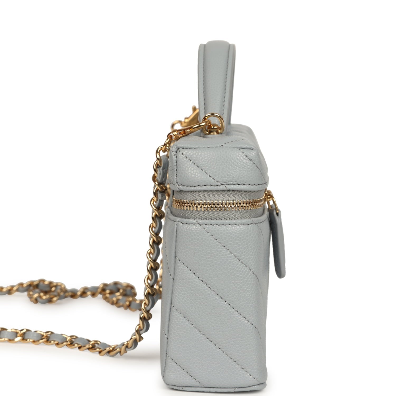 Chanel Chevron Top Handle Long Vanity Case with Chain Grey Shiny Caviar Gold Hardware
