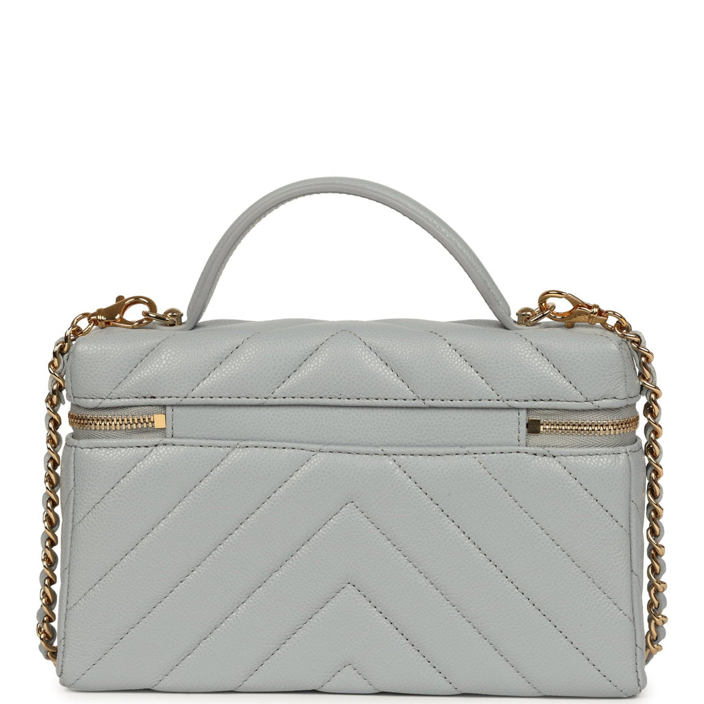 Chanel Chevron Top Handle Long Vanity Case with Chain Grey Shiny Caviar Gold Hardware