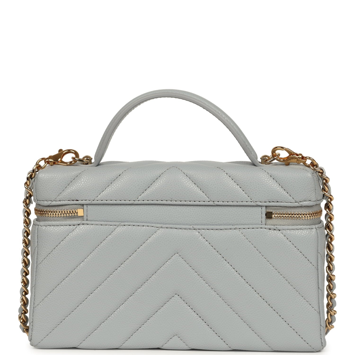 Chanel Chevron Top Handle Long Vanity Case with Chain Grey Shiny Caviar Gold Hardware