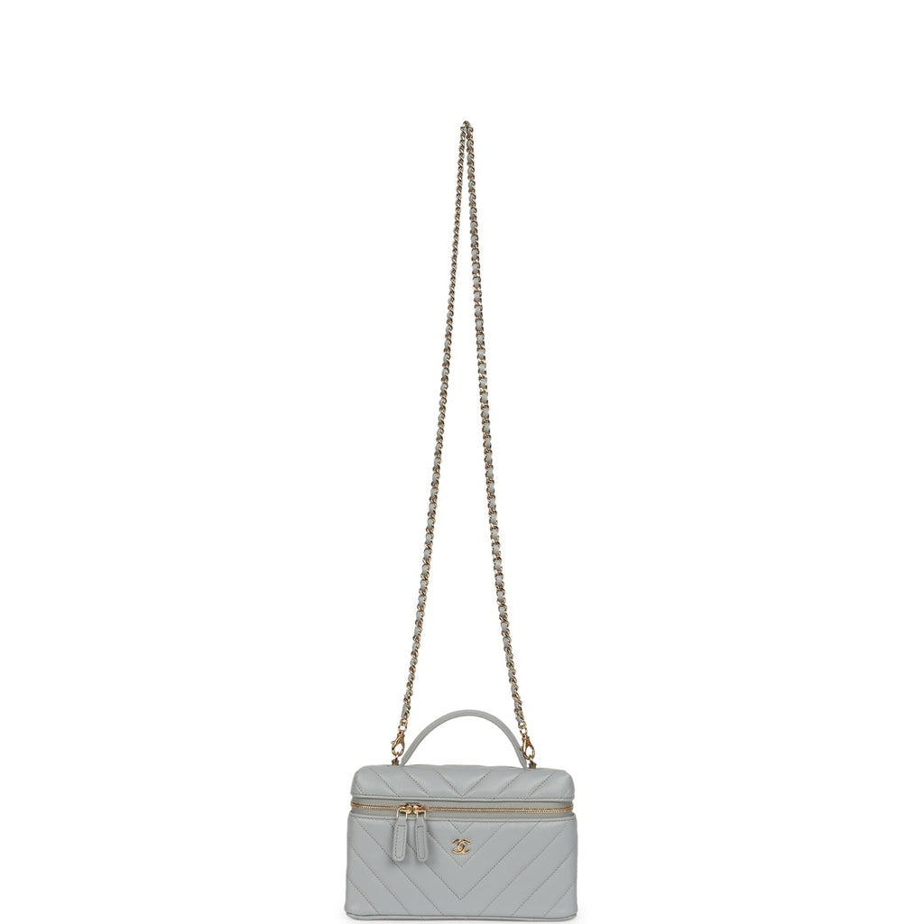 Chanel Chevron Top Handle Long Vanity Case with Chain Grey Shiny Caviar Gold Hardware