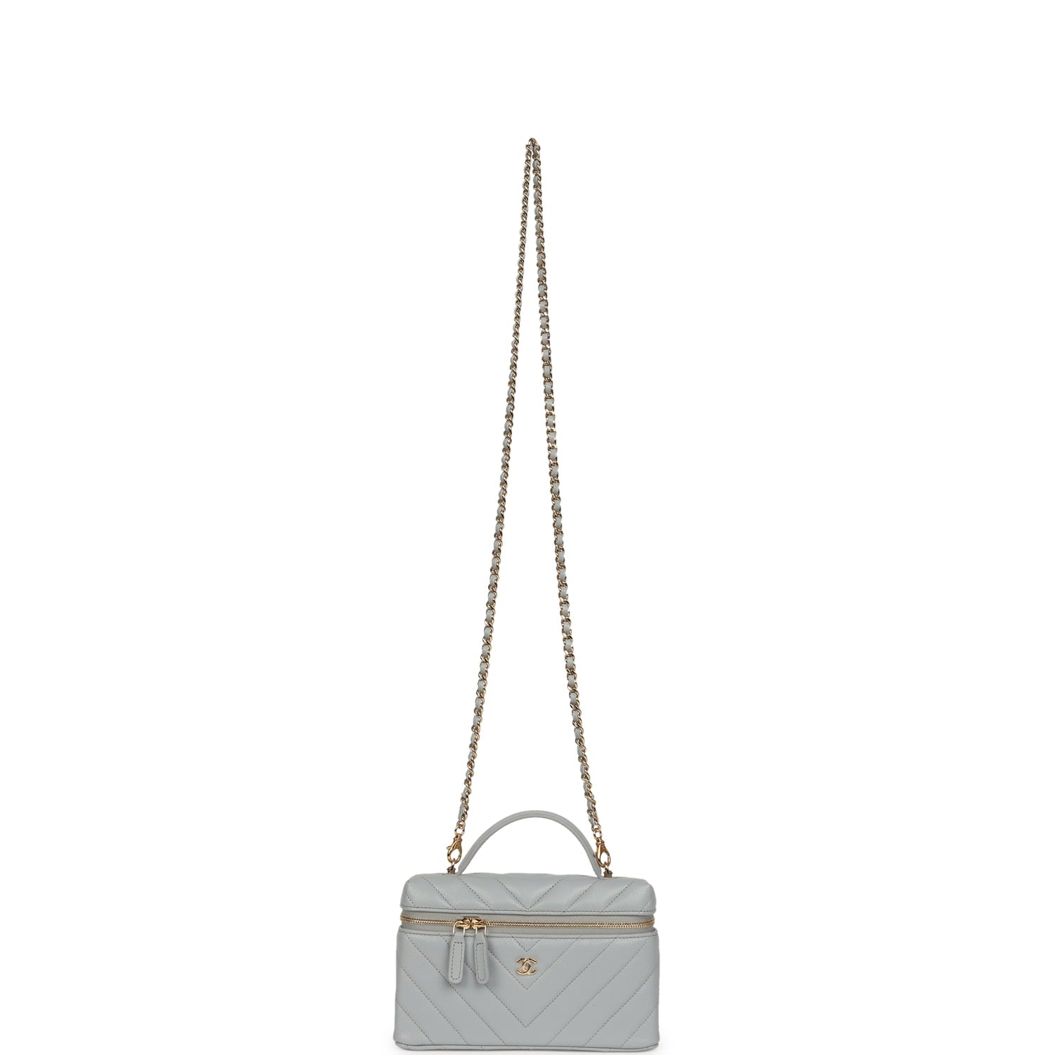 Chanel Chevron Top Handle Long Vanity Case with Chain Grey Shiny Caviar Gold Hardware