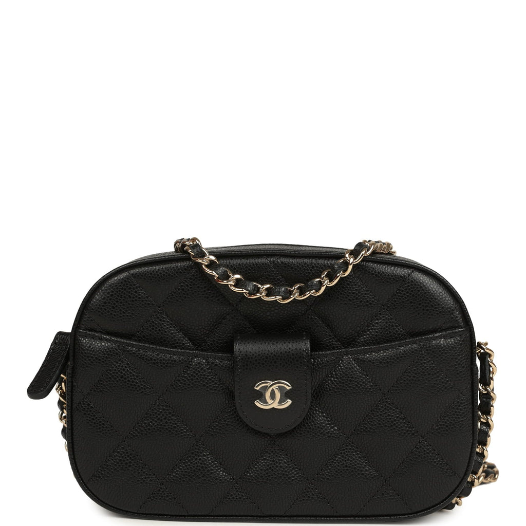 Chanel Mini Camera Case Clutch with Chain Black Caviar Light Gold Hardware