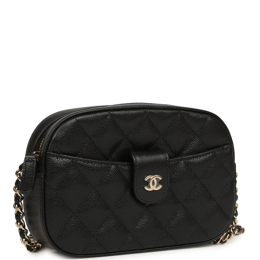 Chanel Mini Camera Case Clutch with Chain Black Caviar Light Gold Hardware