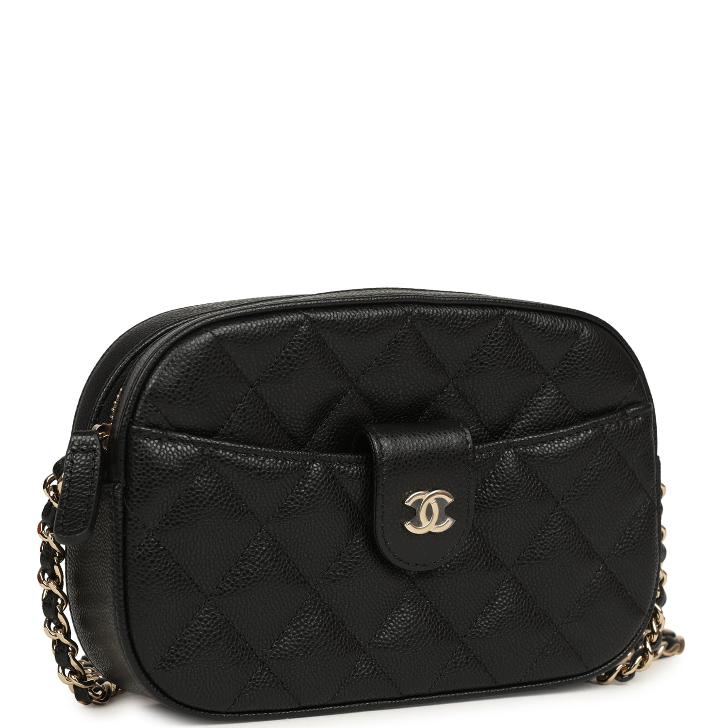 Chanel Mini Camera Case Clutch with Chain Black Caviar Light Gold Hardware