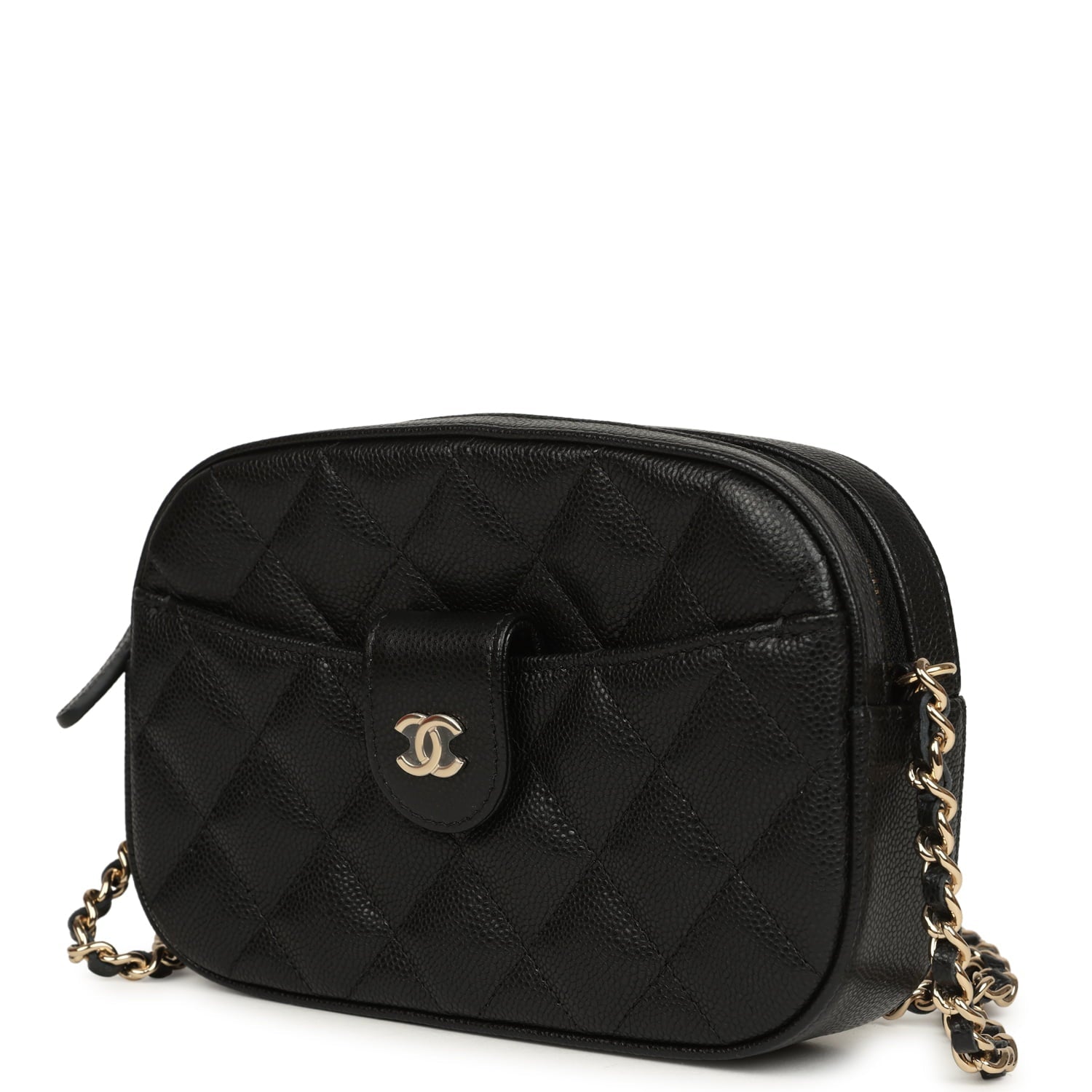 Chanel Mini Camera Case Clutch with Chain Black Caviar Light Gold Hardware