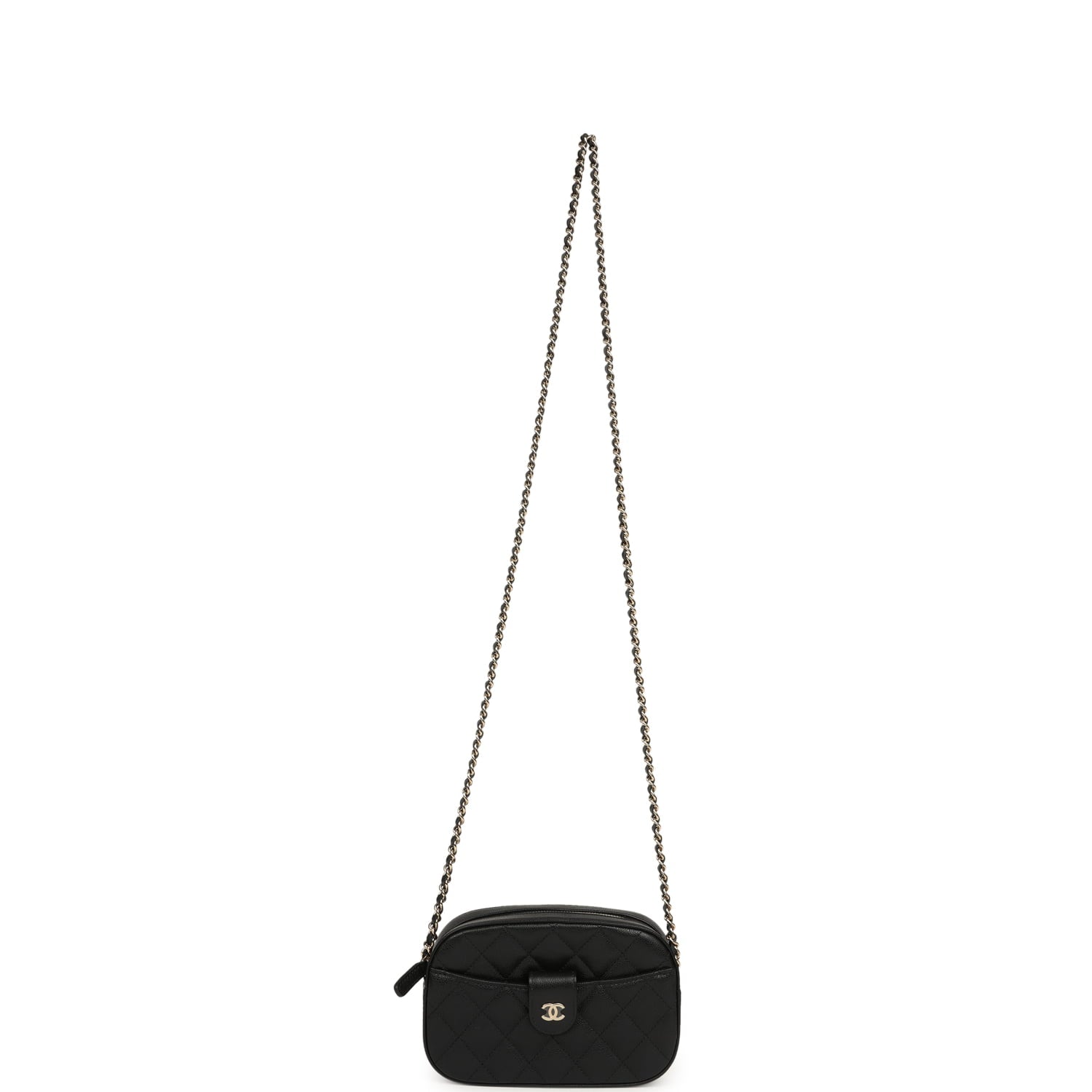 Chanel Mini Camera Case Clutch with Chain Black Caviar Light Gold Hardware