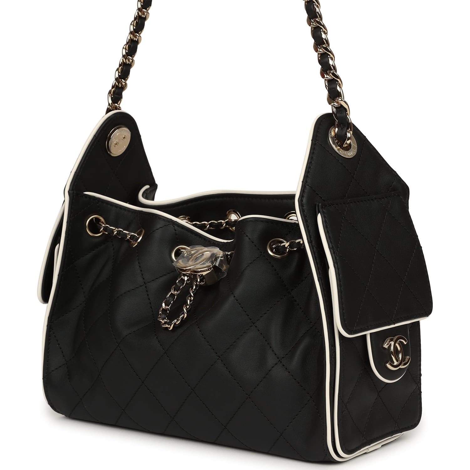 Chanel Mini 25 Hobo Bag Black and White Calfskin Light Gold Hardware