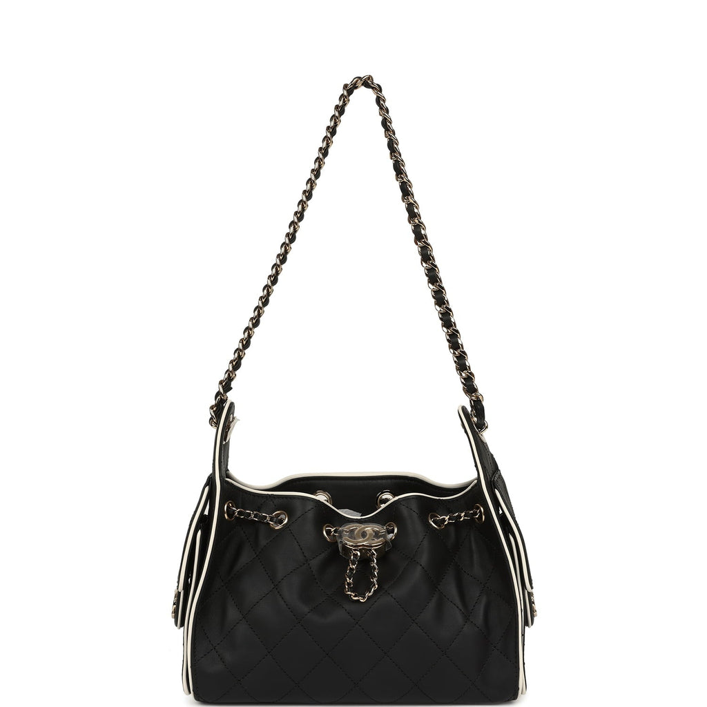 Chanel Mini 25 Hobo Bag Black and White Calfskin Light Gold Hardware
