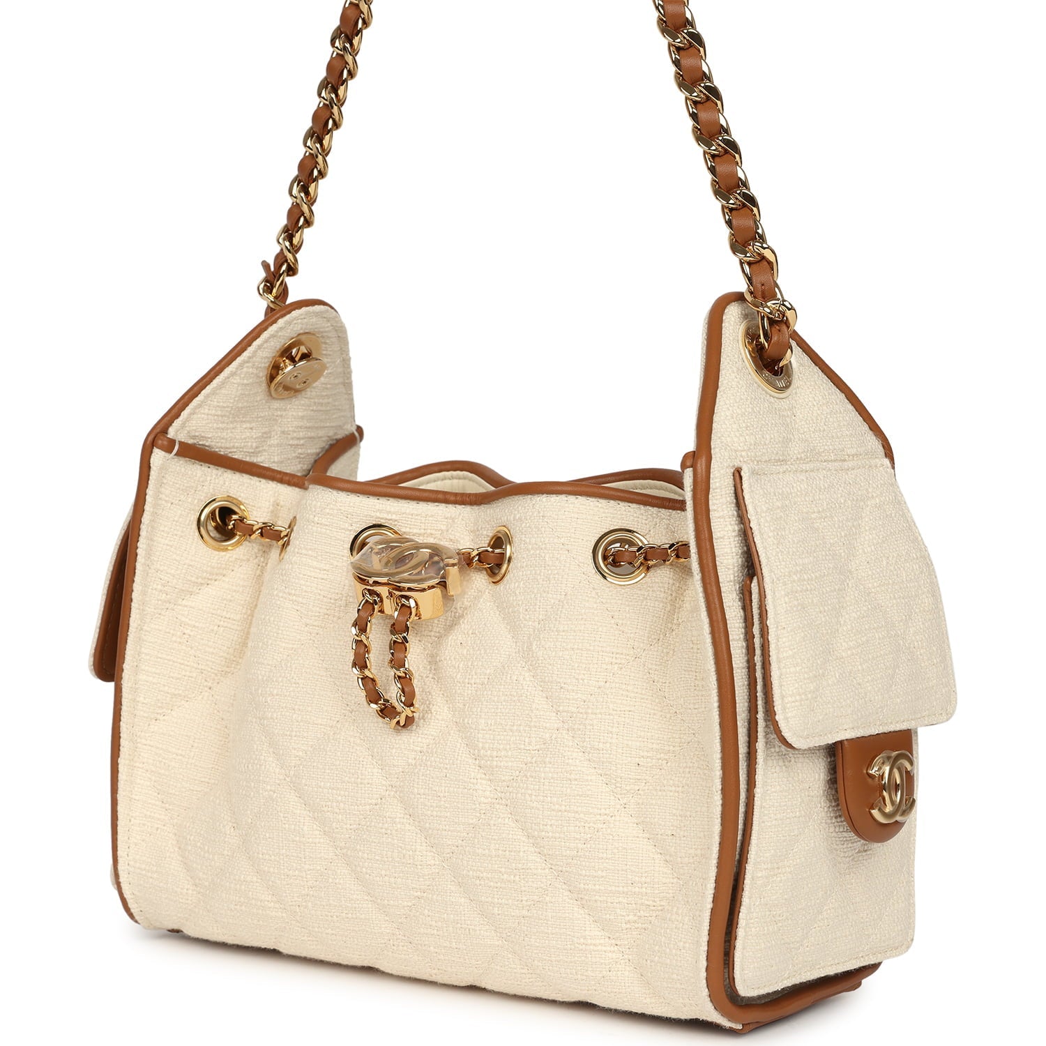 Chanel Mini 25 Hobo Bag Ecru Canvas and Camel Calfskin Gold Hardware
