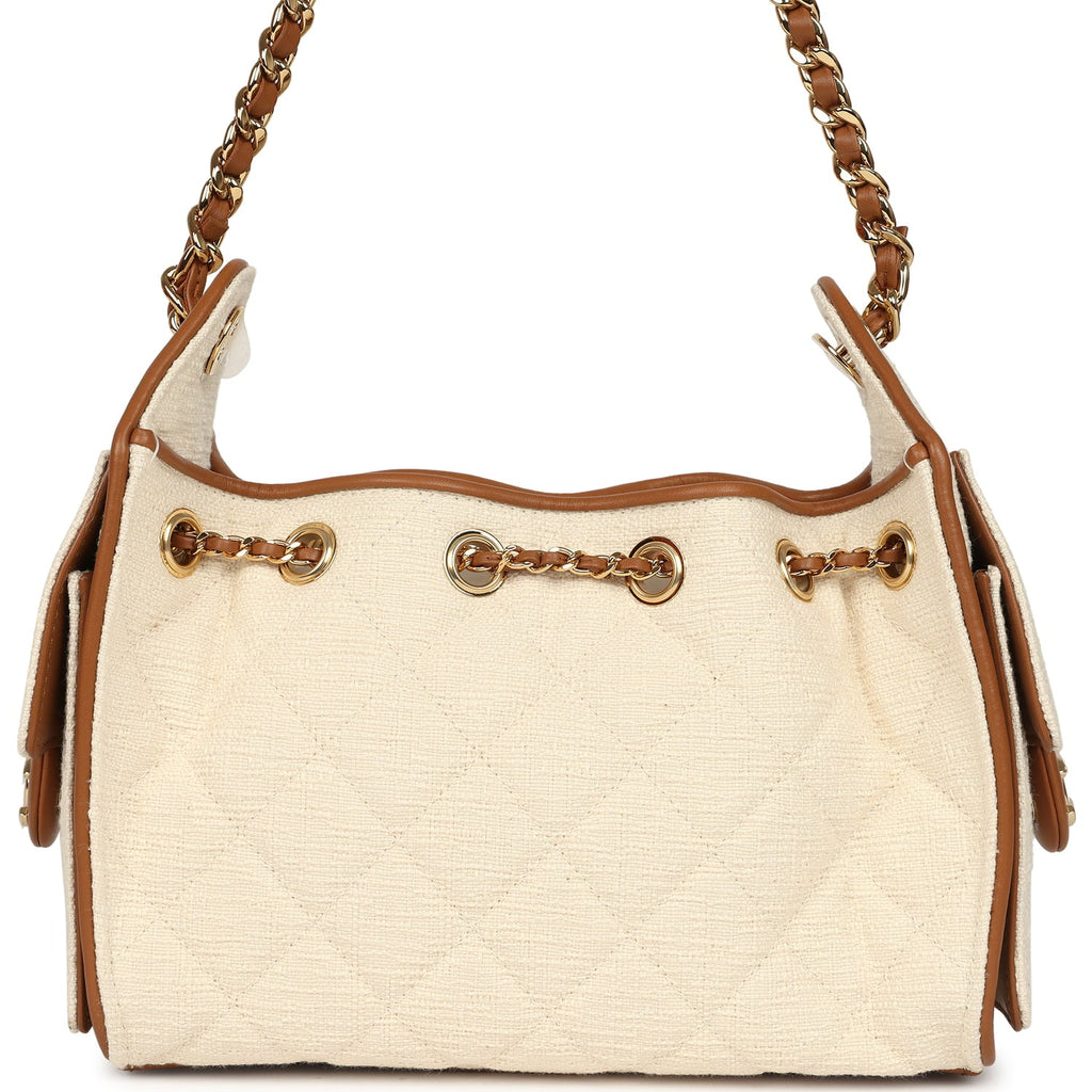 Chanel Mini 25 Hobo Bag Ecru Canvas and Camel Calfskin Gold Hardware