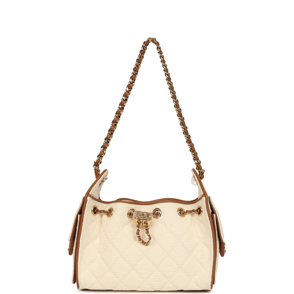 Chanel Mini 25 Hobo Bag Ecru Canvas and Camel Calfskin Gold Hardware
