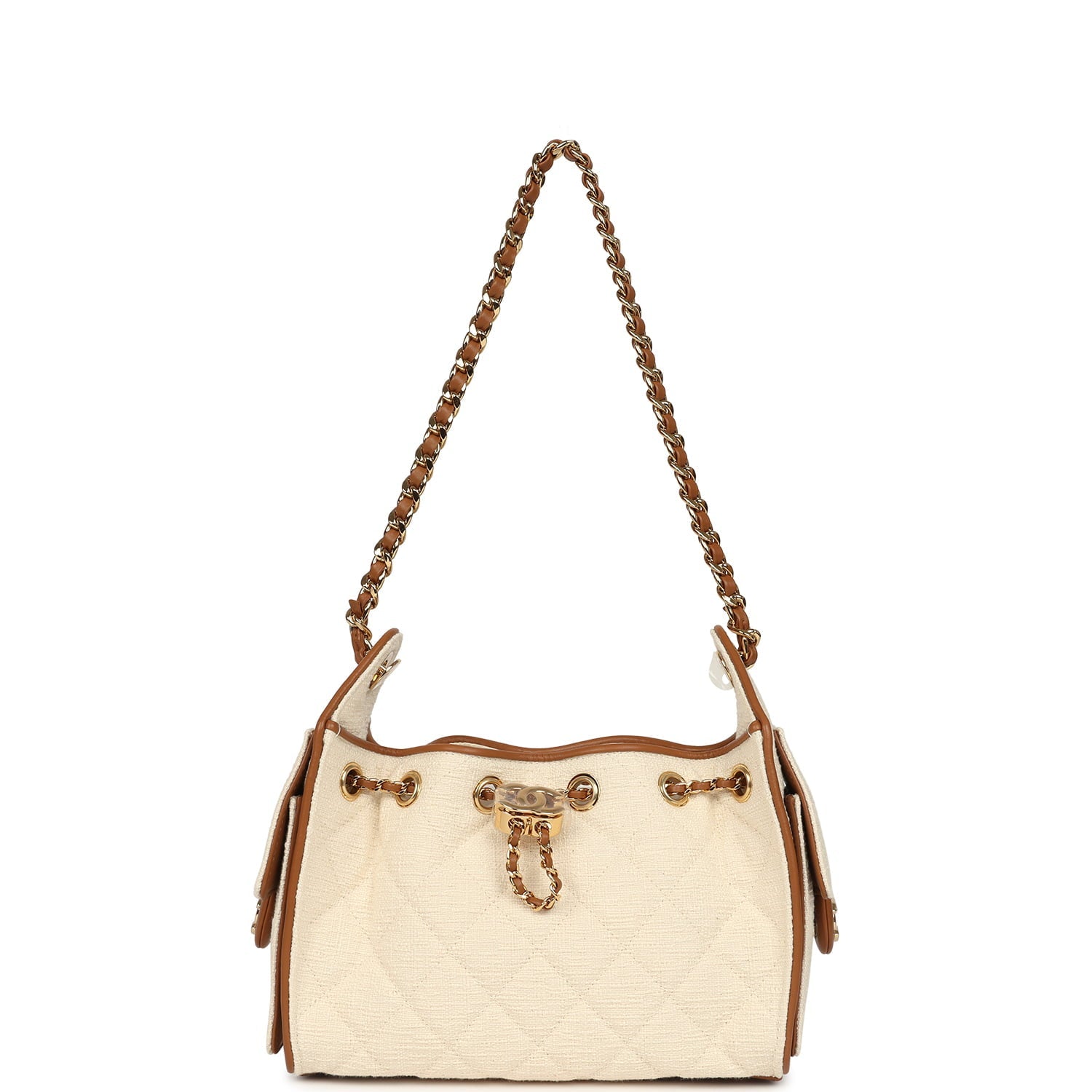 Chanel Mini 25 Hobo Bag Ecru Canvas and Camel Calfskin Gold Hardware
