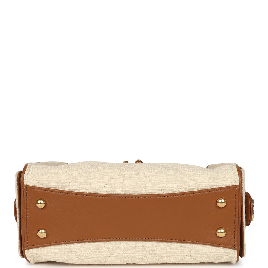 Chanel Mini 25 Hobo Bag Ecru Canvas and Camel Calfskin Gold Hardware