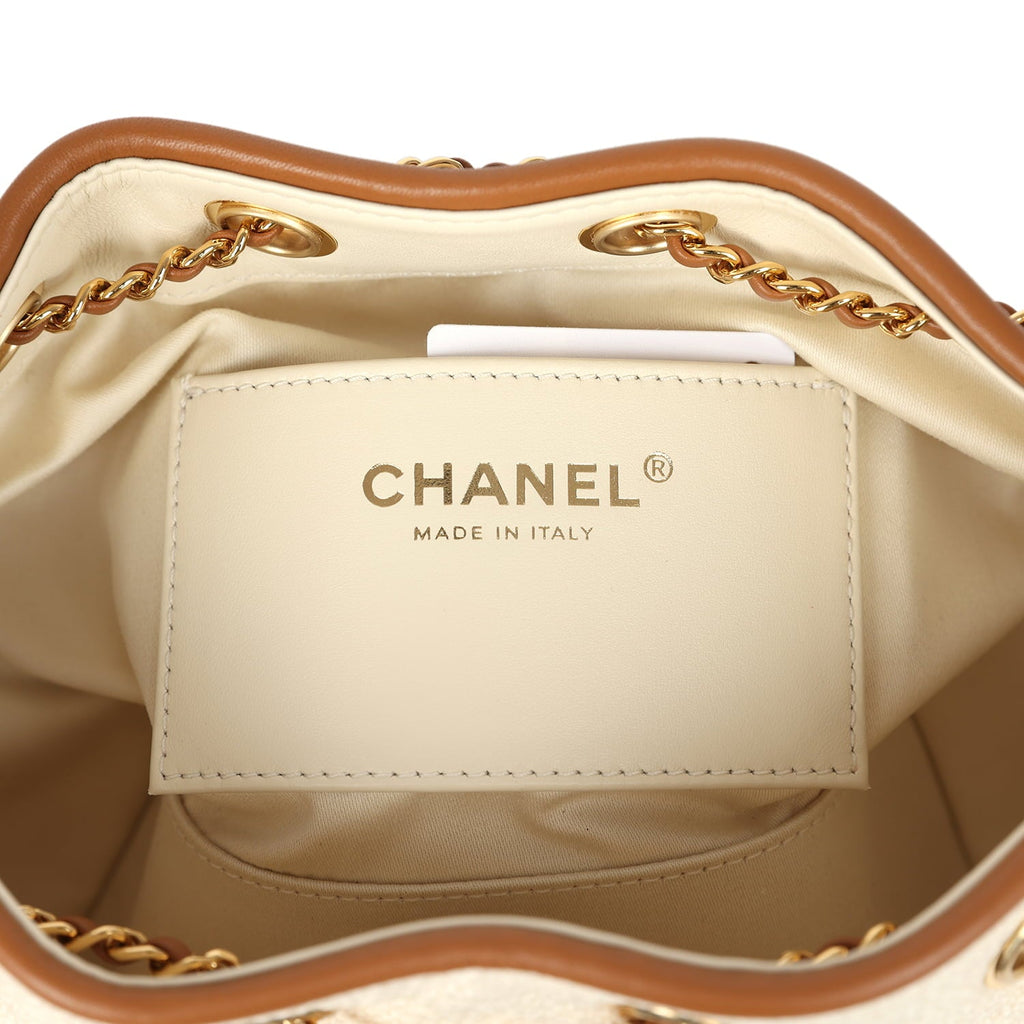 Chanel Mini 25 Hobo Bag Ecru Canvas and Camel Calfskin Gold Hardware